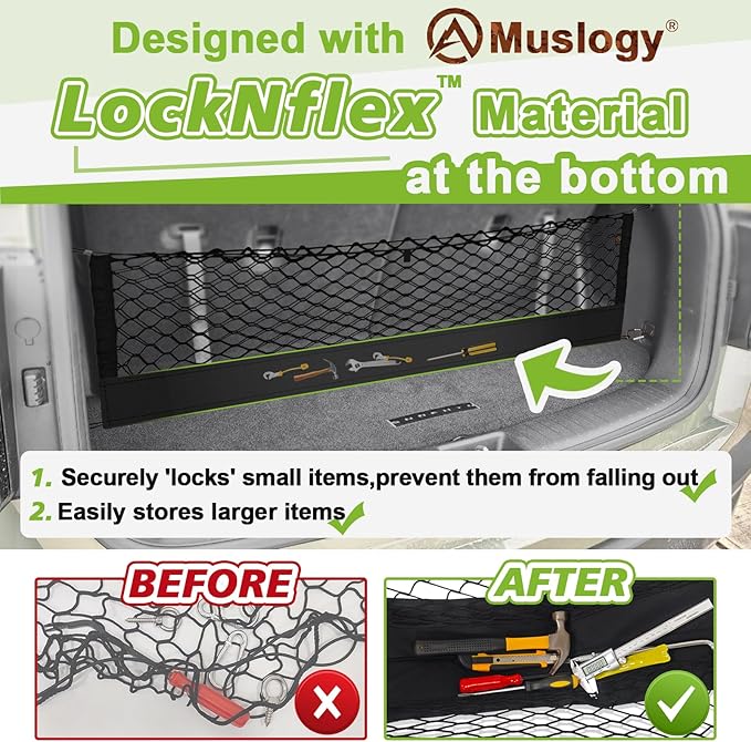 Muslogy Truck Bed Cargo Net Trunk Netting Compatible with 2015-2021 Jeep Grand Cherokee (WK2 ONLY) Accessories, Pickup Cargo Organizer SUV Sedan Storage Net w/Heavy Duty Carabiners