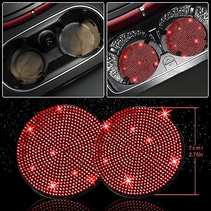NBTEPEM 12 Pcs Bling Car Accessories Set for Women Car Floor Mats Full Set Steering Wheel Cover Seat Belt Covers Coasters Universal Fit Car SUV Truck Van Red