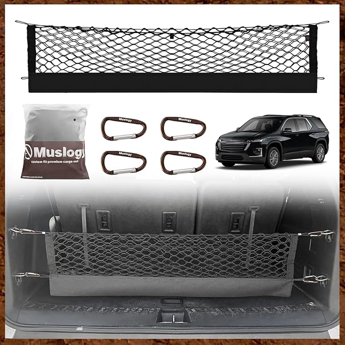 Muslogy Truck Bed Cargo Net Trunk Netting Compatible with 2018-2023 Chevy Traverse Accessories, Pickup Cargo Organizer SUV Sedan Storage Net w/Heavy Duty Carabiners