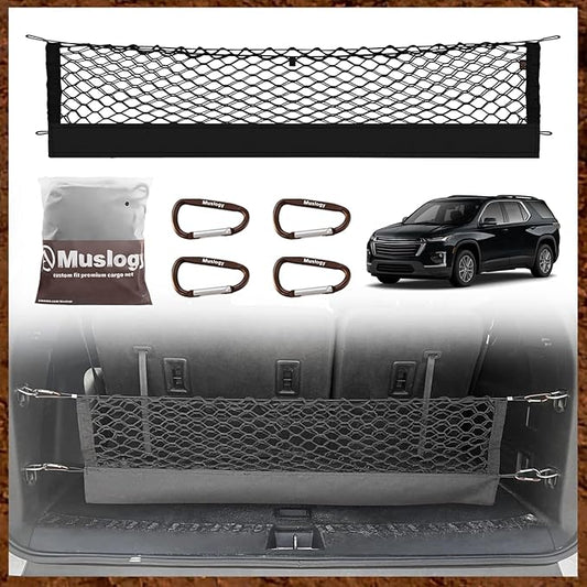 Muslogy Truck Bed Cargo Net Trunk Netting Compatible with 2018-2023 Chevy Traverse Accessories, Pickup Cargo Organizer SUV Sedan Storage Net w/Heavy Duty Carabiners